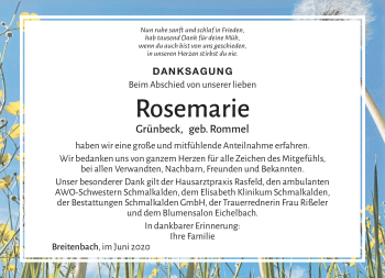 Traueranzeige von Rosemarie Grünbeck von Südthüringer Presse