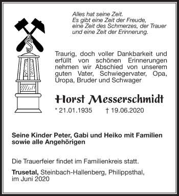 Traueranzeige von Horst Messerschmidt von Südthüringer Presse