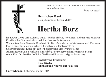Traueranzeige von Hertha Borz von Südthüringer Presse