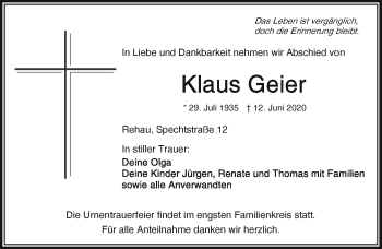 Traueranzeige von Klaus Geier von Frankenpost