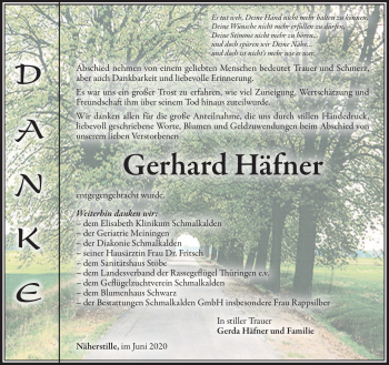 Traueranzeige von Gerhard Häfner von Südthüringer Presse