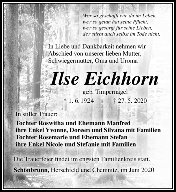 Traueranzeige von Ilse Eichhorn von Südthüringer Presse