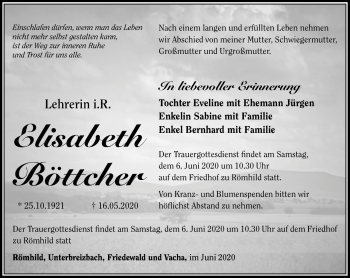 Traueranzeige von Elisabeth Böttcher von Südthüringer Presse