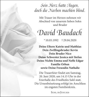 Traueranzeige von David Baudach von Südthüringer Presse