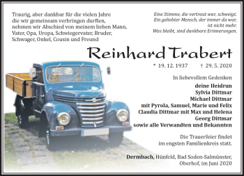 Traueranzeige von Reinhard Trabert von Südthüringer Presse