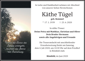 Traueranzeige von Käthe Tügel von Südthüringer Presse