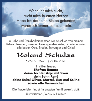 Traueranzeige von Roland Schulze von Südthüringer Presse