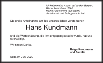 Traueranzeige von Hans Kundmann von Frankenpost