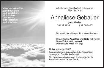 Traueranzeige von Annaliese Gebauer von Neue Presse Coburg
