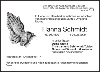 Traueranzeige von Hanna Schmidt von Neue Presse Coburg