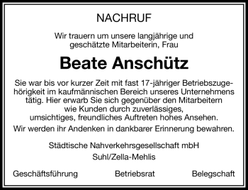 Traueranzeige von Beate Anschütz von Südthüringer Presse