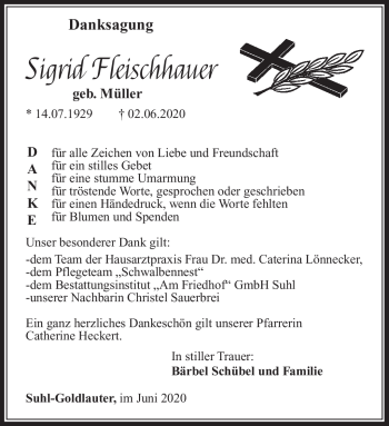 Traueranzeige von Sigrid Fleischhauer von Südthüringer Presse