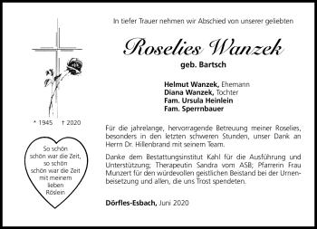 Traueranzeige von Roselies Wanzek von Neue Presse Coburg