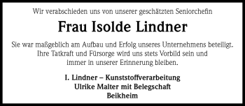 Traueranzeige von Isolde Lindner von Neue Presse Coburg