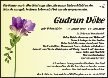 Traueranzeige von Gudrun Döke von Südthüringer Presse