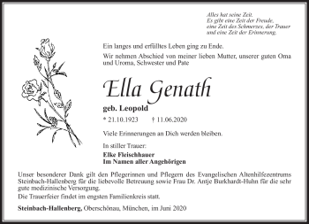 Traueranzeige von Ella Genath von Südthüringer Presse