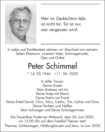 Traueranzeige von Peter Schimmel von Südthüringer Presse