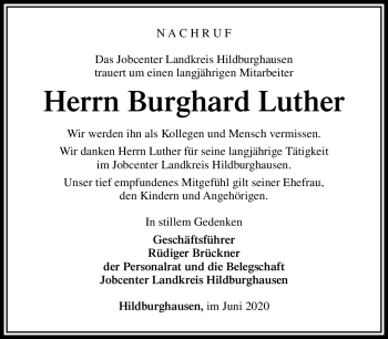 Traueranzeige von Burghard Luther von Südthüringer Presse