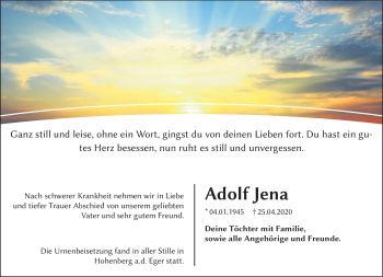 Traueranzeige von Adolf Jena von Frankenpost