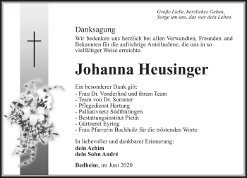 Traueranzeige von Johanna Heusinger von Südthüringer Presse