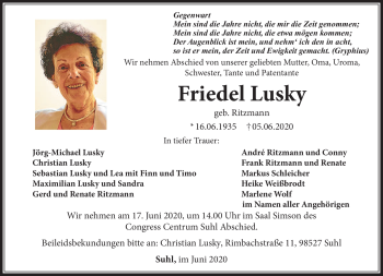Traueranzeige von Friedel Lusky von Südthüringer Presse