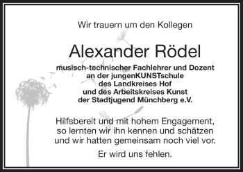 Traueranzeige von Alexander Rödel von Frankenpost