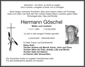 Traueranzeige von Hermann Göschel von Frankenpost