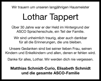 Traueranzeige von Lothar Tappert von Neue Presse Coburg