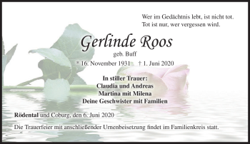 Traueranzeige von Gerlinde Roos von Neue Presse Coburg