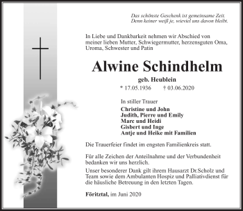 Traueranzeige von Alwine Schindhelm von Südthüringer Presse