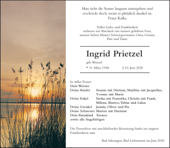 Traueranzeige von Ingrid Prietzel von Südthüringer Presse