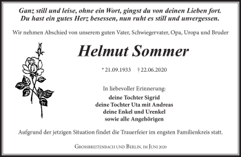 Traueranzeige von Helmut Sommer von Südthüringer Presse