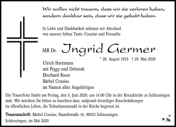 Traueranzeige von Ingrid Gremer von Südthüringer Presse