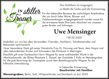 Traueranzeige von Uwe Mensinger von Südthüringer Presse