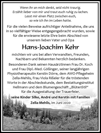 Traueranzeige von Hans-Joachim Kehr von Südthüringer Presse
