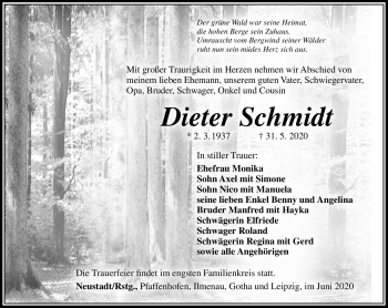Traueranzeige von Dieter Schmidt von Südthüringer Presse