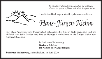 Traueranzeige von Hans-Jürgen Kiehm von Südthüringer Presse