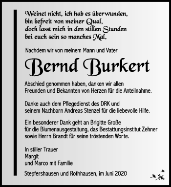 Traueranzeige von Bernd Burkert von Südthüringer Presse