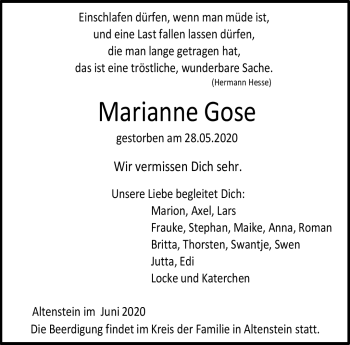 Traueranzeige von Marianne Gose von Neue Presse Coburg