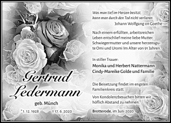 Traueranzeige von Gertrud Ledermann von Südthüringer Presse