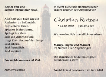 Traueranzeige von Christina Rutzen von Südthüringer Presse
