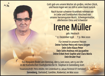 Traueranzeige von Irene Müller von Südthüringer Presse