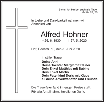 Traueranzeige von Alfred Hohner von Frankenpost