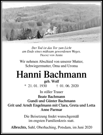 Traueranzeige von Hanni Bachmann von Südthüringer Presse