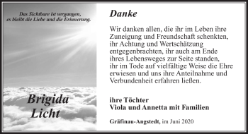 Traueranzeige von Brigida Licht von Südthüringer Presse