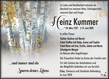 Traueranzeige von Heinz Kummer von Südthüringer Presse