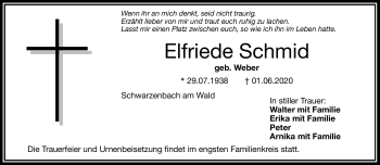 Traueranzeige von Elfriede Schmid von Frankenpost