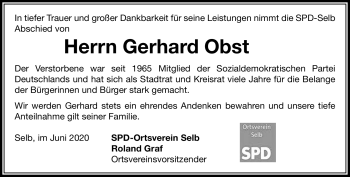 Traueranzeige von Gerhard Obst von Frankenpost