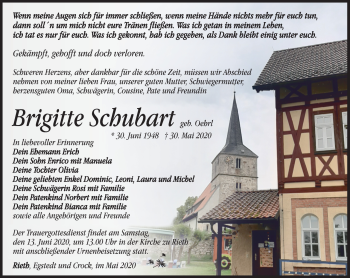 Traueranzeige von Brigitte Schubart von Südthüringer Presse