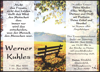 Traueranzeige von Werner Kuhles von Südthüringer Presse